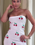 Vestido Corto Hilo Estraple Cereza Casual - Blanco