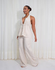 Set Dos Piezas Pantalónn Palazzo Blusa Escote Profunto Frontal y Posterio Casual - Natural