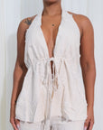 Set Dos Piezas Pantalónn Palazzo Blusa Escote Profunto Frontal y Posterio Casual - Natural