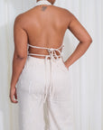 Set Dos Piezas Pantalónn Palazzo Blusa Escote Profunto Frontal y Posterio Casual - Natural