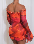 Vestido Mini Marmoleado Cuello Bandeja Corte Cut Out Casual - Naranja