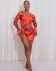 Vestido Mini Marmoleado Cuello Bandeja Corte Cut Out Casual - Naranja