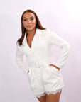 Enterizo Tipo Sastre Short Encaje Pierna Casual - Blanco