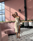 Vestido Midi Tubo Abertura Lateral Sesgo Diagonal Casual - Taupe