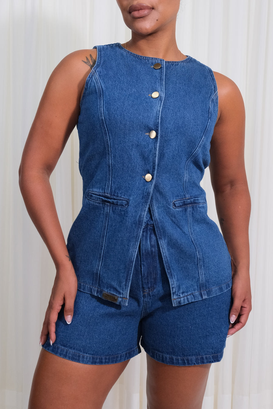 Set Dos Piezas Demini Short Prenses Chaleco Maga Sisa Casual - Azul Medio
