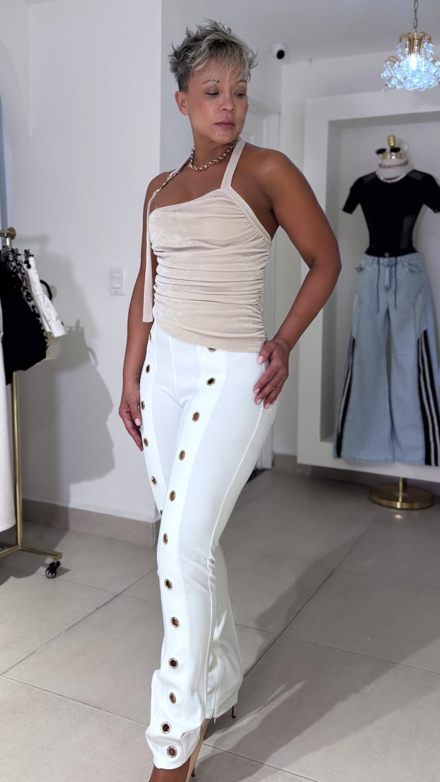 Pantalónn Elastico Tiro Alto Accesorios Argolla Frontal y Cintura Casual - Blanco Hueso