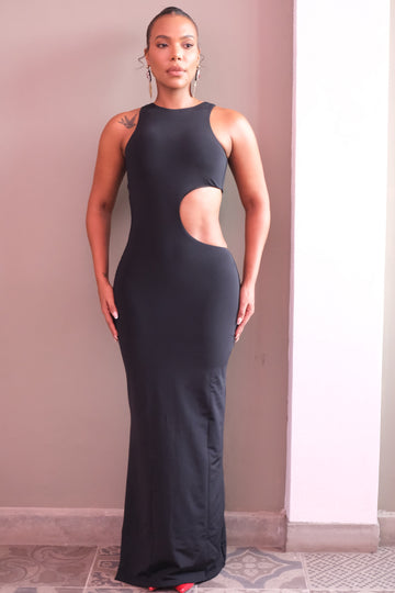 Vestido Maxi Corte Cut Out Abertura Lateral Casual - Negro