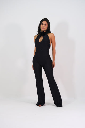 Enterizo Accesorio Flor Escote V Casual - Negro