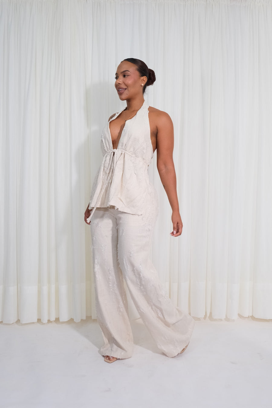 Set Dos Piezas Pantalónn Palazzo Blusa Escote Profunto Frontal y Posterio Casual - Natural