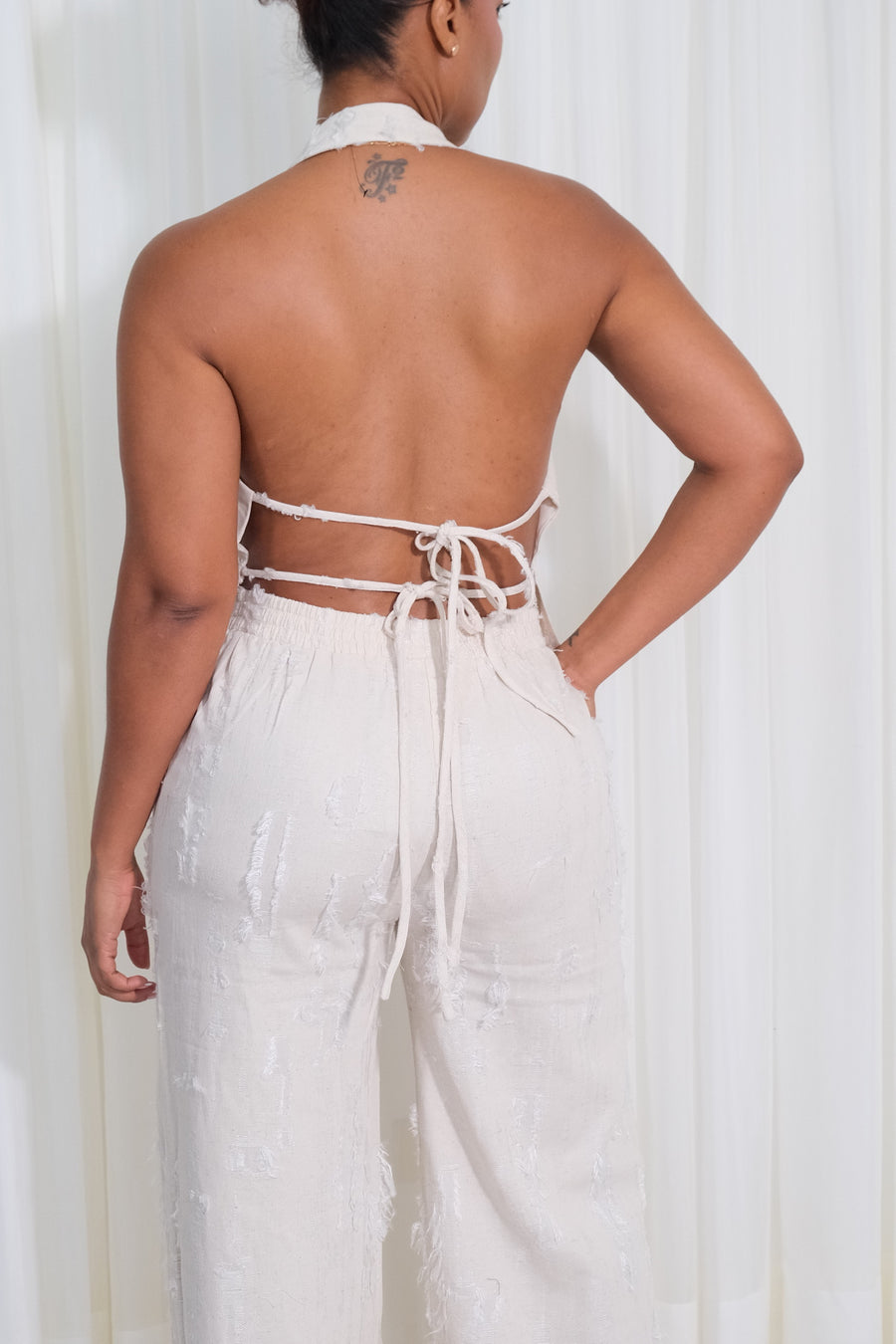 Set Dos Piezas Pantalónn Palazzo Blusa Escote Profunto Frontal y Posterio Casual - Natural