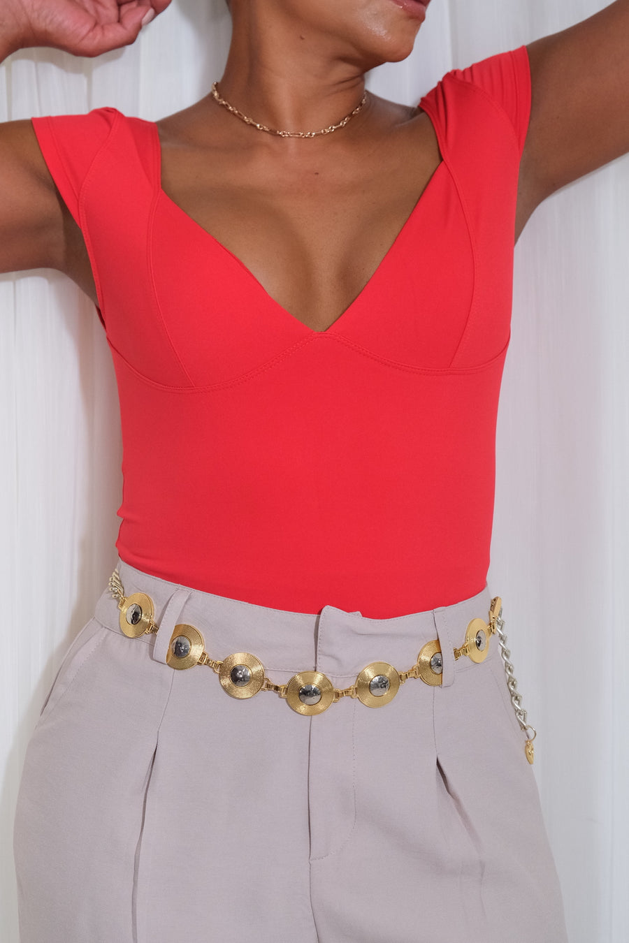Blusa Escote V Media Manga Casual - Rojo