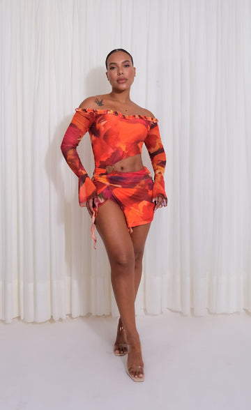 Vestido Mini Marmoleado Cuello Bandeja Corte Cut Out Casual - Naranja