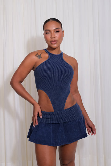 Set Dos Piezas Falda Short Mini Body Acanalado Casual - Azul Oscuro