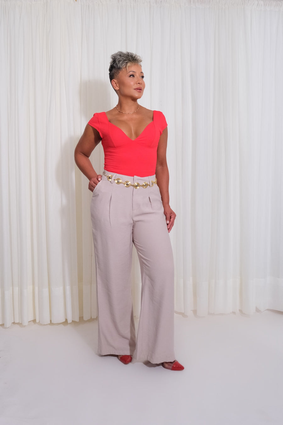 Blusa Escote V Media Manga Casual - Rojo