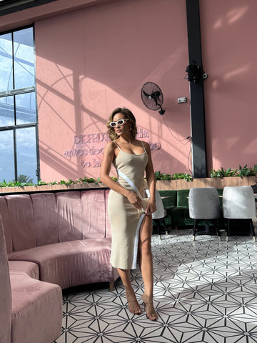 Vestido Midi Tubo Abertura Lateral Sesgo Diagonal Casual - Taupe