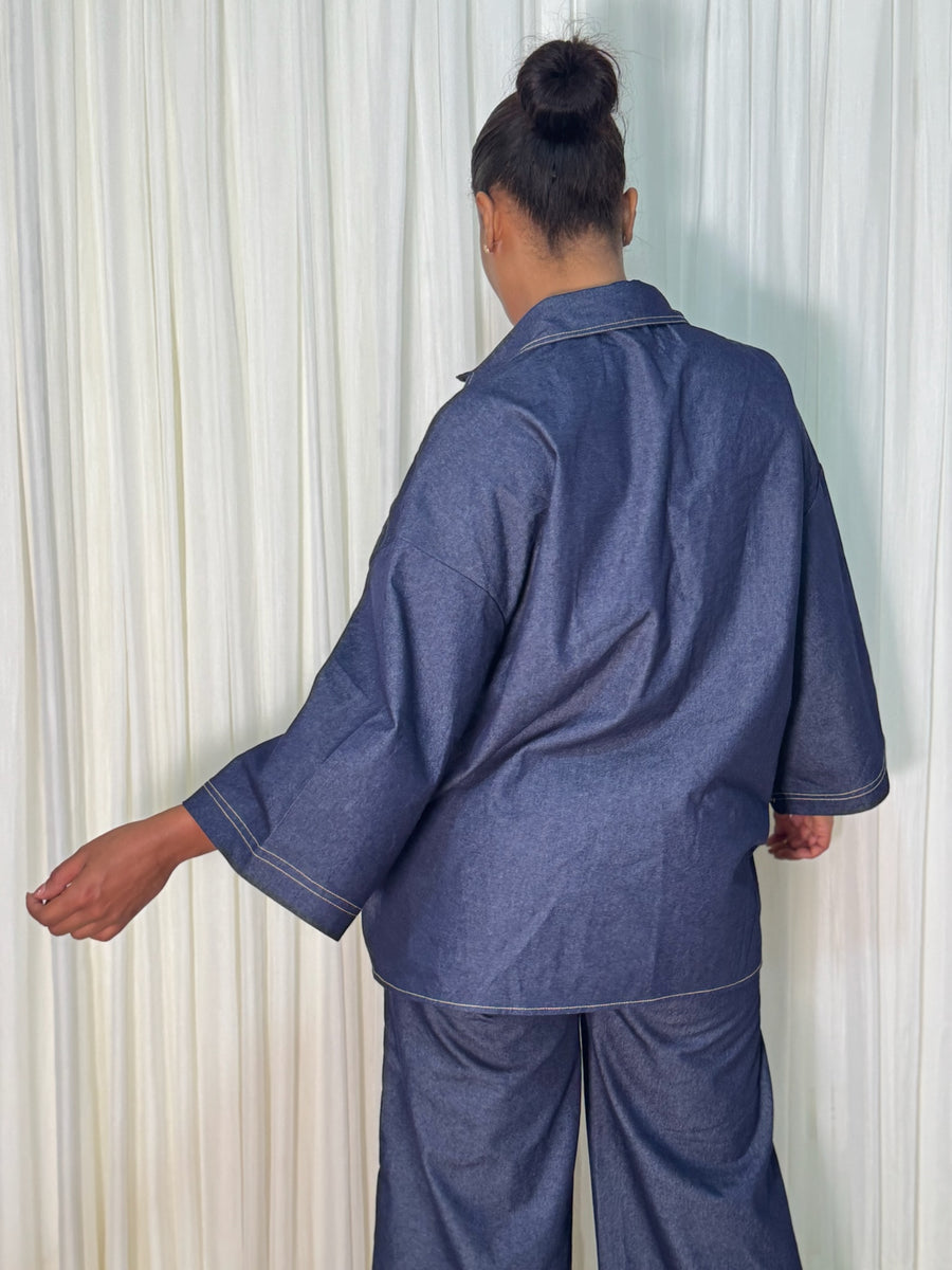 Set indigo costuras contraste camisa oversize pantalon bota recta casual - Azul Oscuro