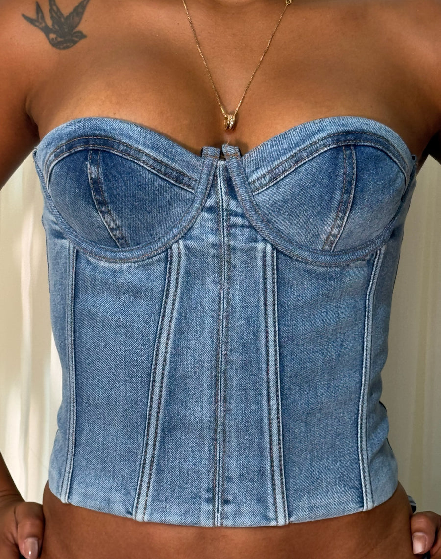 Set denim pantalon bota campana corset varilla casual - Azul Medio