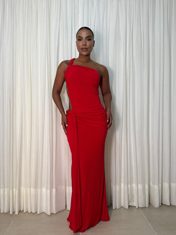 Vestido maxi drapeado una manga solapa surcida en cadera- casual - Rojo