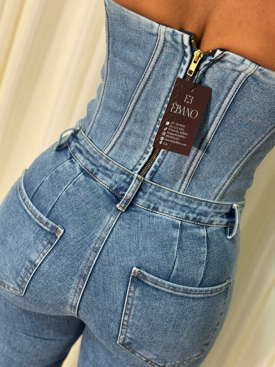 Set denim pantalon bota campana corset varilla casual - Azul Medio