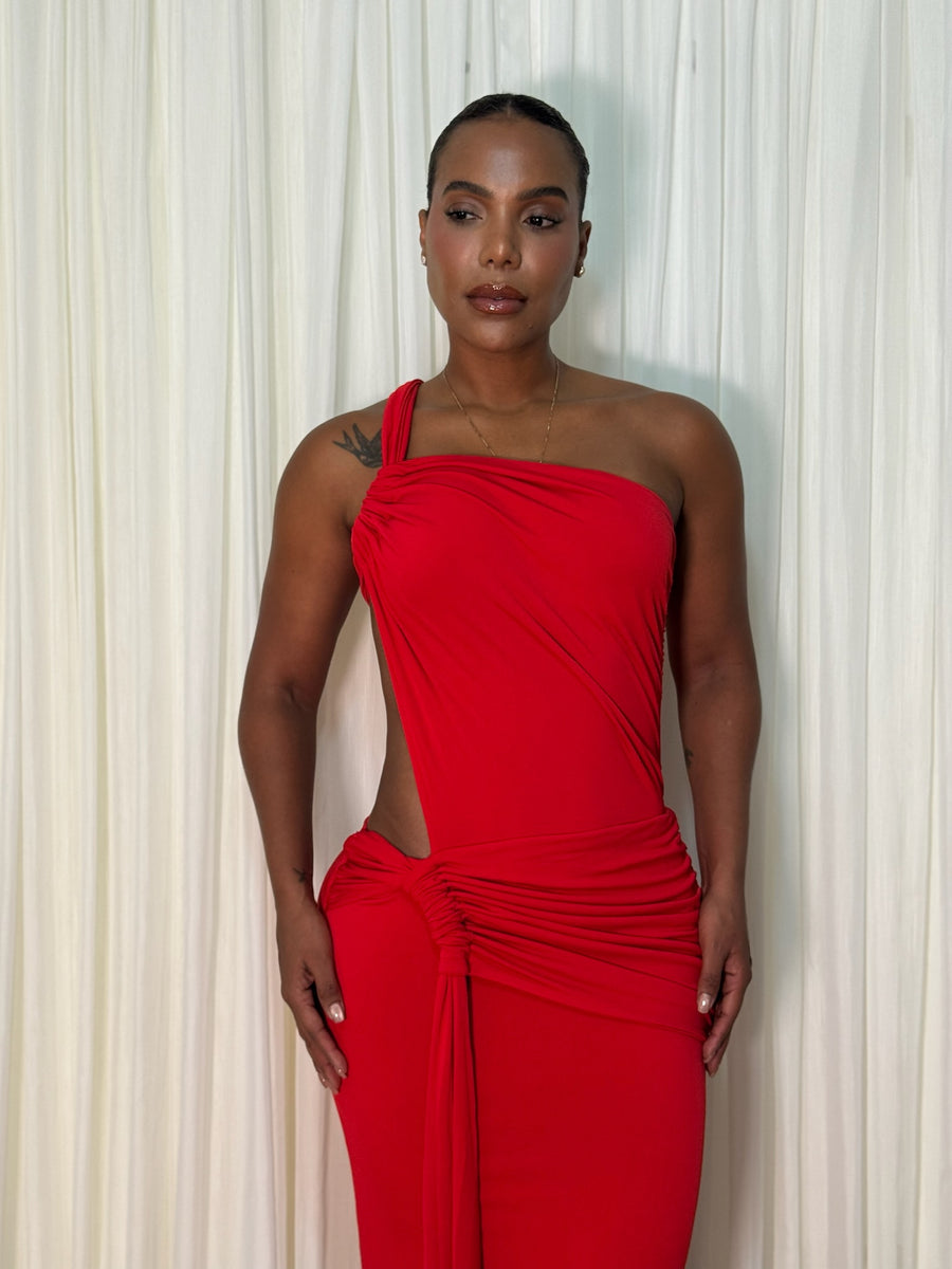 Vestido maxi drapeado una manga solapa surcida en cadera- casual - Rojo
