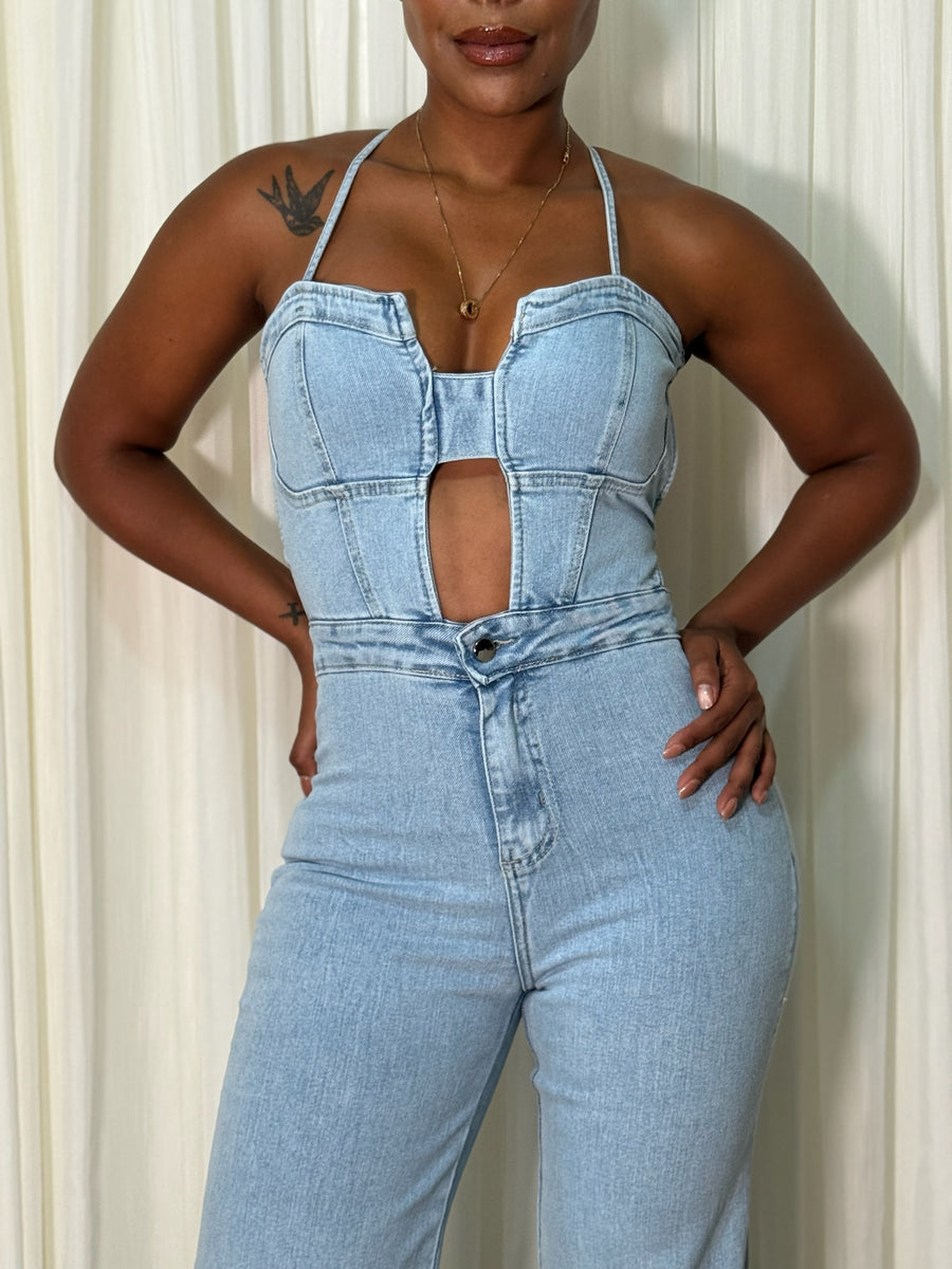 Enterizo jean stress bota recta tiras espalda  casual - Azul Claro