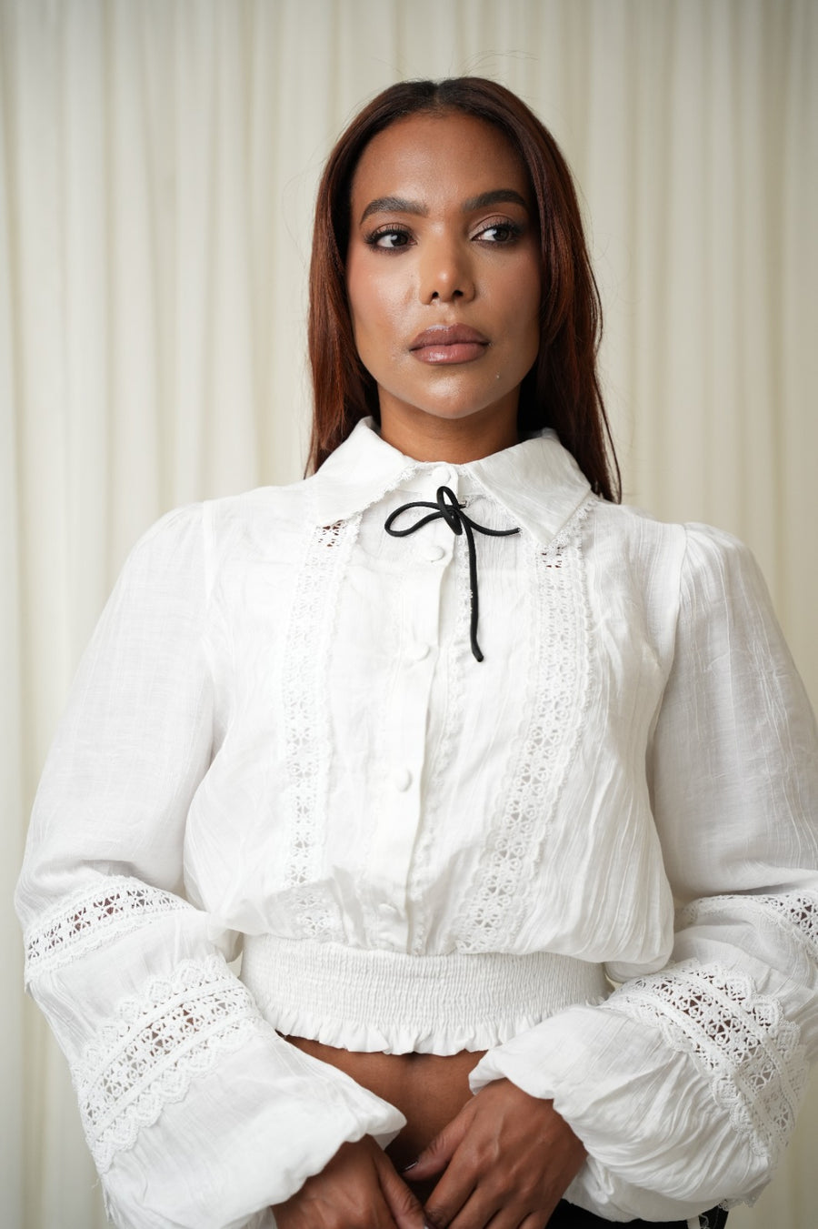 Camisa manga bombacha encaje vipiur casual - Blanco