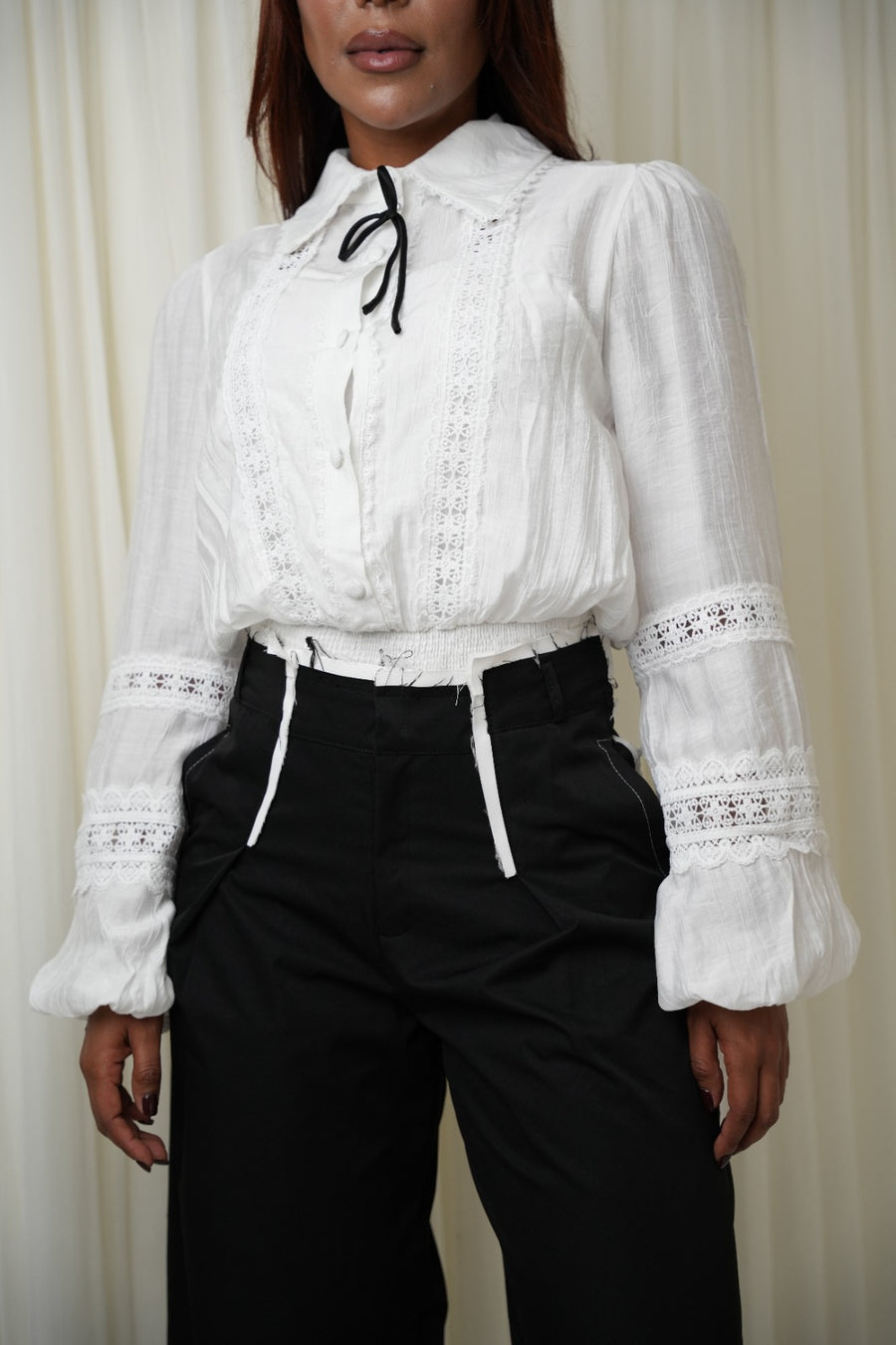 Camisa manga bombacha encaje vipiur casual - Blanco